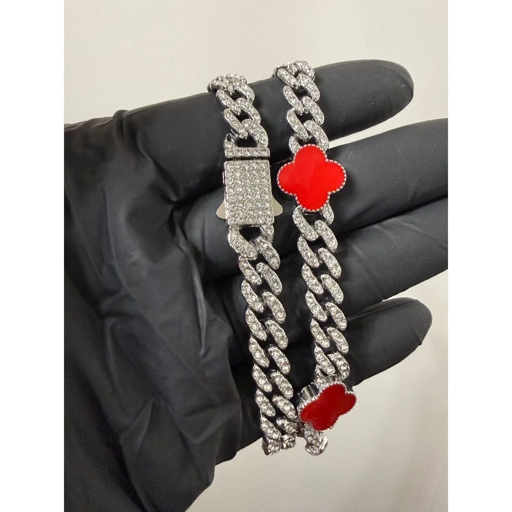 iced out cuban with red clover necklace 18inch 9mm push lock box